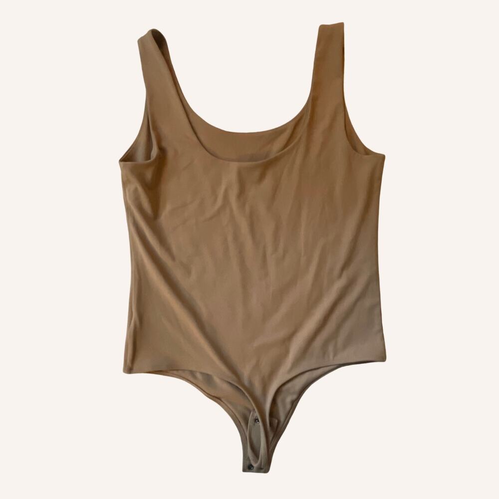 EXPRESS bodysuit body contour bodycon tan camel nude L large thong double snap